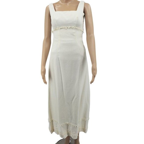 Vintage Ivory Dress With Pom Pom Trim & Bow Detail Sleeveless Empire Waist Squar - Picture 7 of 7